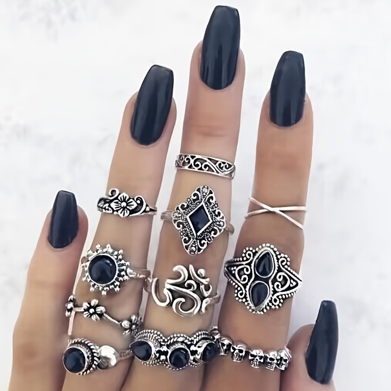 Modyle Vintage Black Rings Set For Women Girls Punk Metallic Geometric  Simple Adjustable Finger Rings Trend Jewelry Gifts
