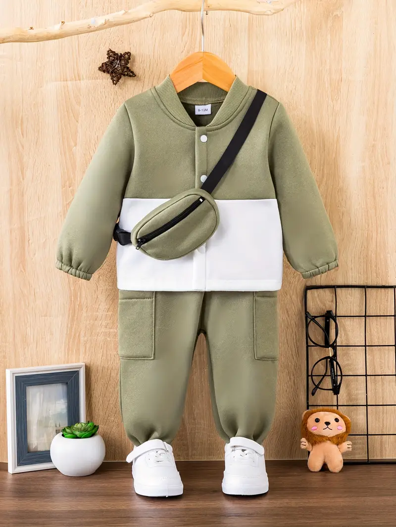 baby trendy 2pcs outfit kids color block casual coat top trousers set for fall winter details 6