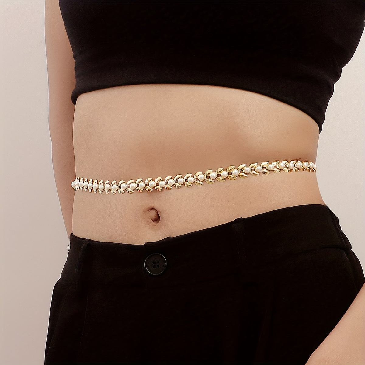 Women Sweet Metal Waist Belt Body Chain Imitation Pearl Beads Dress Chain