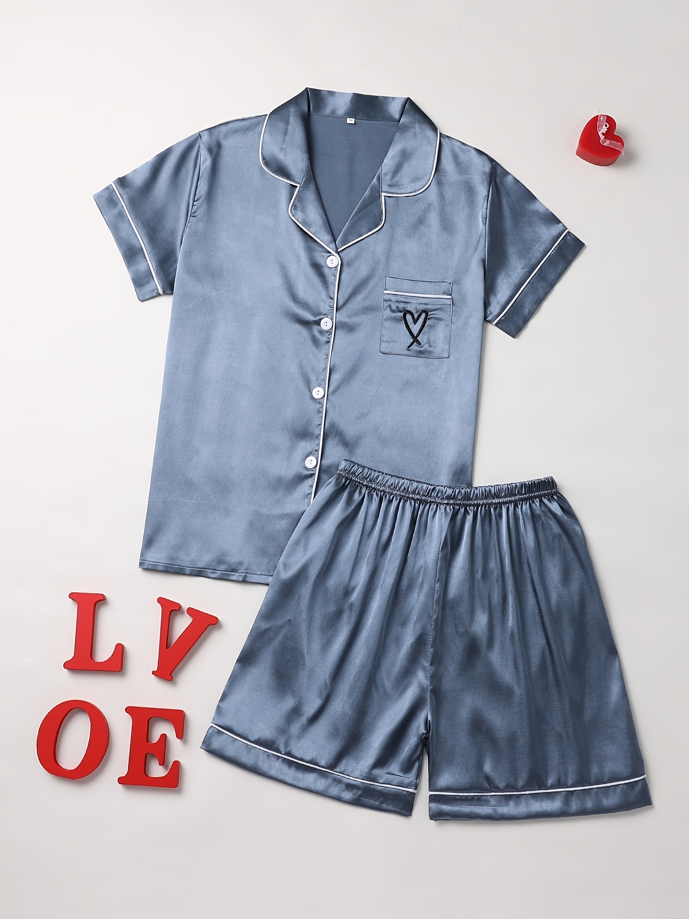 Elegant Solid Pajama Set, Heart Pattern Short Sleeve Blouse Top & Elastic  Waistband Shorts, Women's Sleepwear & Loungewear - Temu