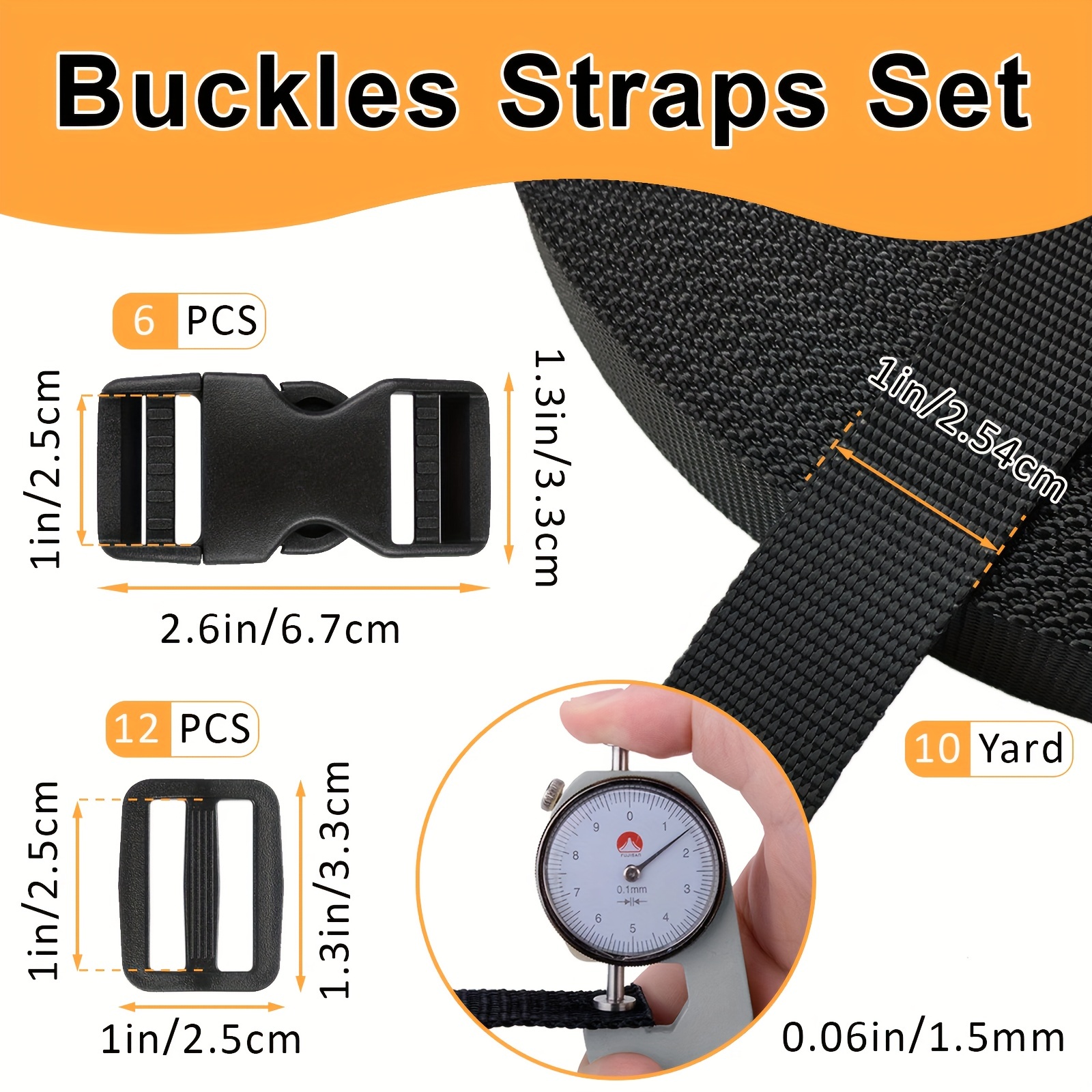 1 inch Buckle Strap Set: 10 Pack Quick Side Release Buckle, Webbing Straps  1 Inch 10 yard, Tri-Glide Slide Clip 10 PCS