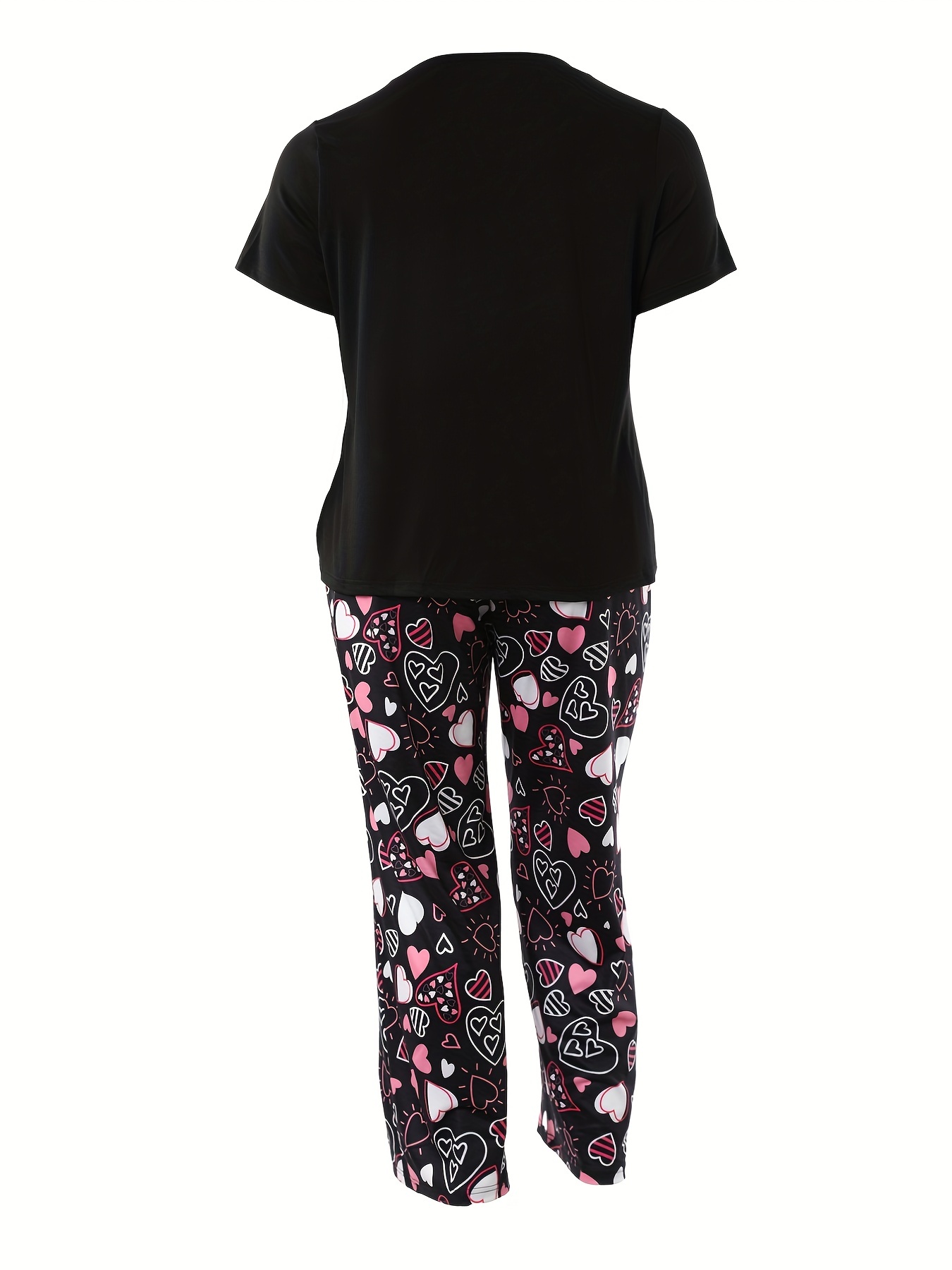Plus Size Trendy Pajamas Set, Women's Plus Heart & Art Letter Print Short  Sleeve Tee & Pants Home Wear Two Piece Set