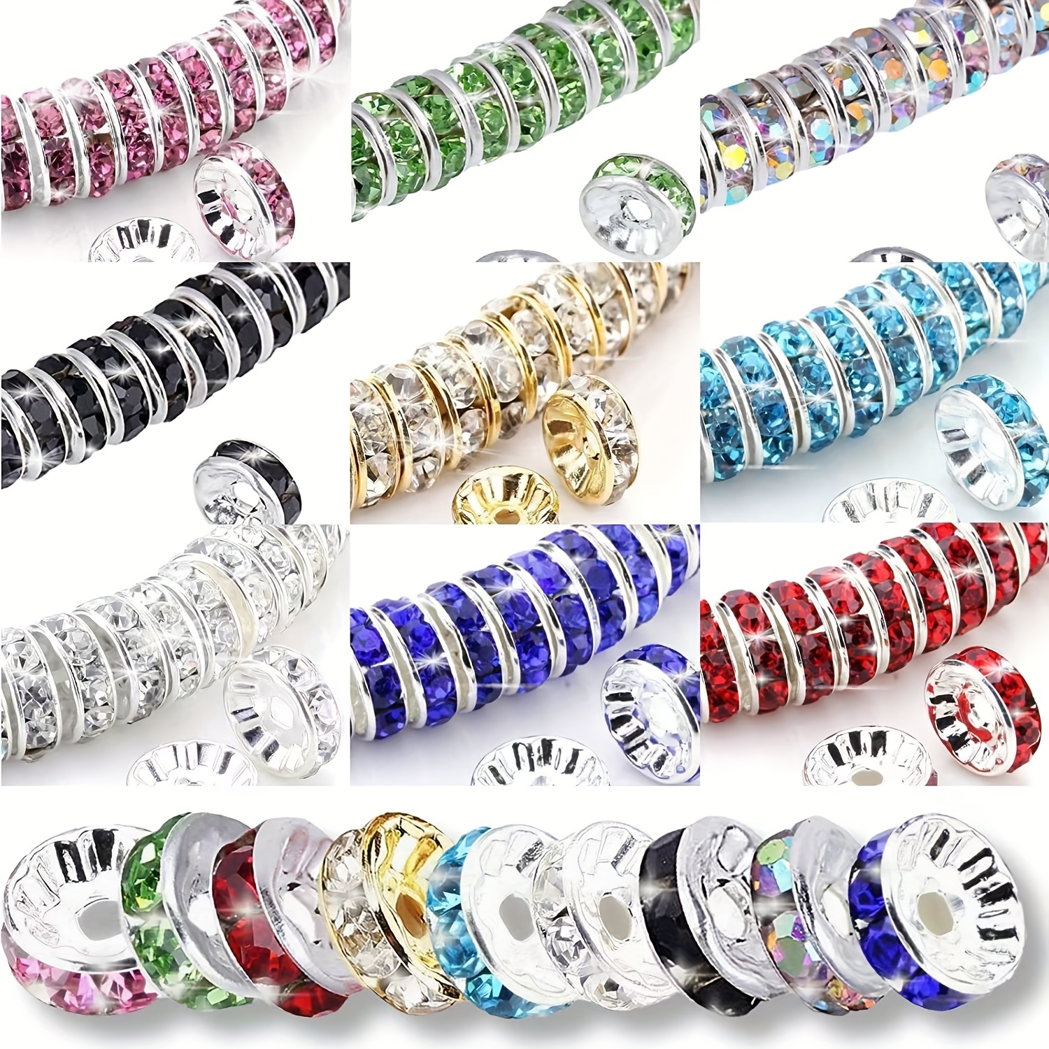 Allb 100pcs Rondelle Spacer Beads 8mm Silver Plated Czech Crystal Rhinestone for Jewelry Making Loose Beads for Bracelets