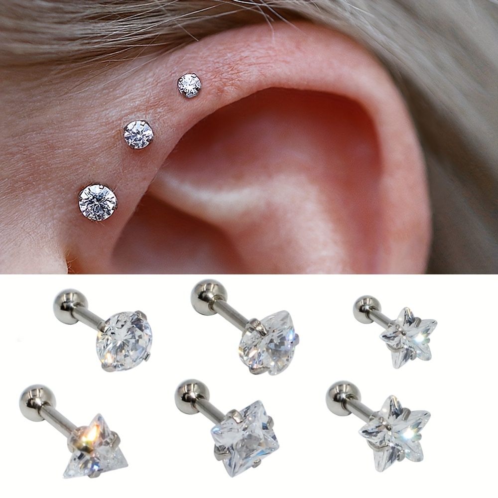 Star Shape 4/5/6mm Stainless Steel Stud Earrings Set W/clear