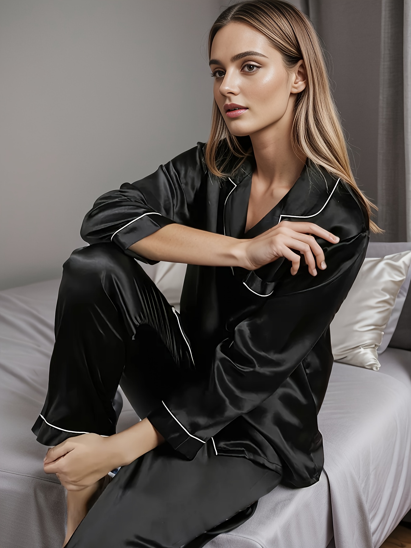 Solid Satin Pajama Set Short Sleeve Buttons Top Elastic - Temu