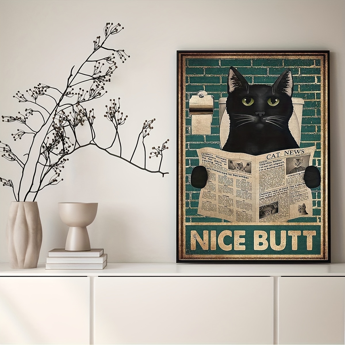 1pc Retro Poster Canvas Painting Print Funny Animal Poster Black Cat  Watching Newspaper Poster Nice Butt Wall Art Home Decor Room Decor Canvas  Poster