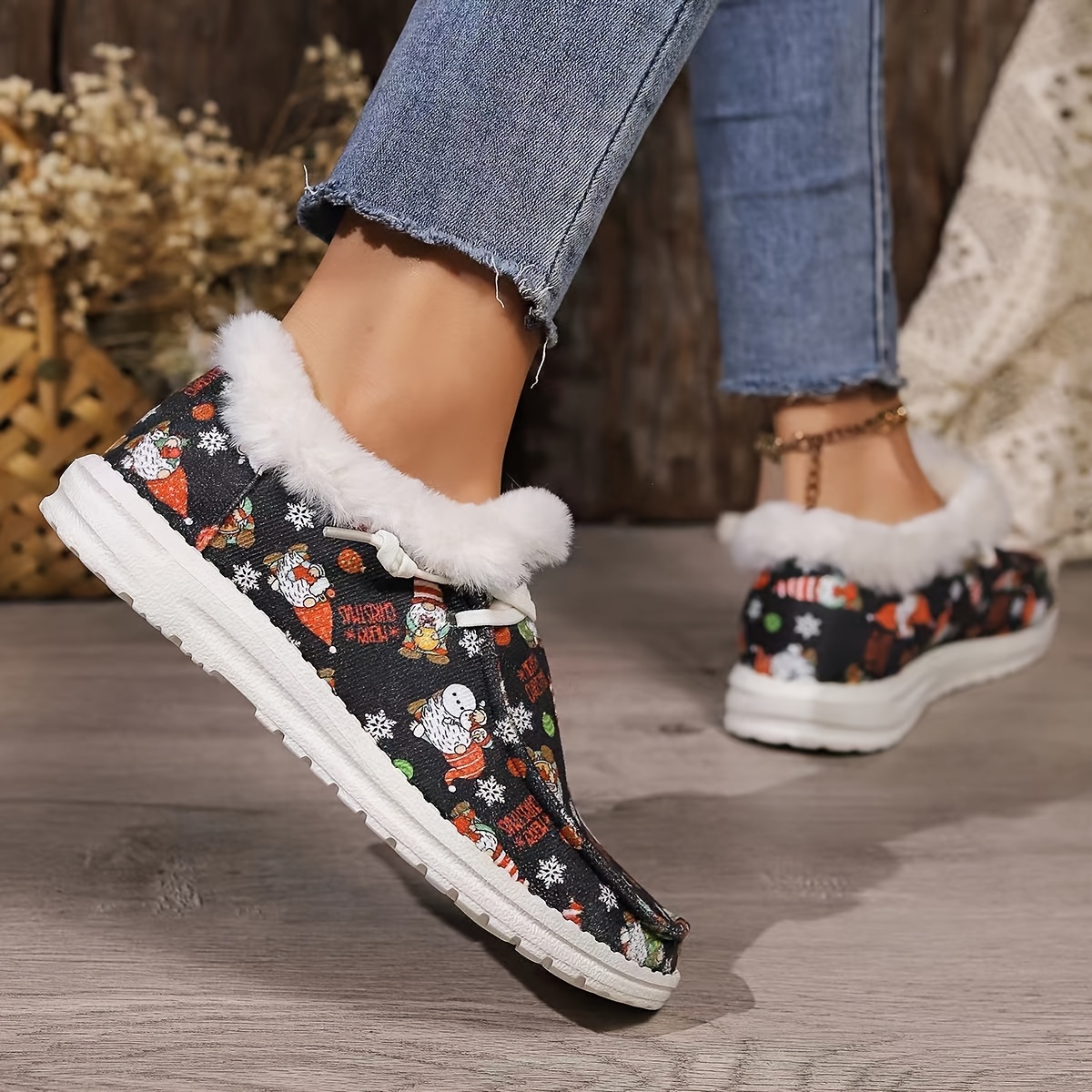 Women's Christmas Print Canvas Shoes Casual Lace Plush Lined - Temu