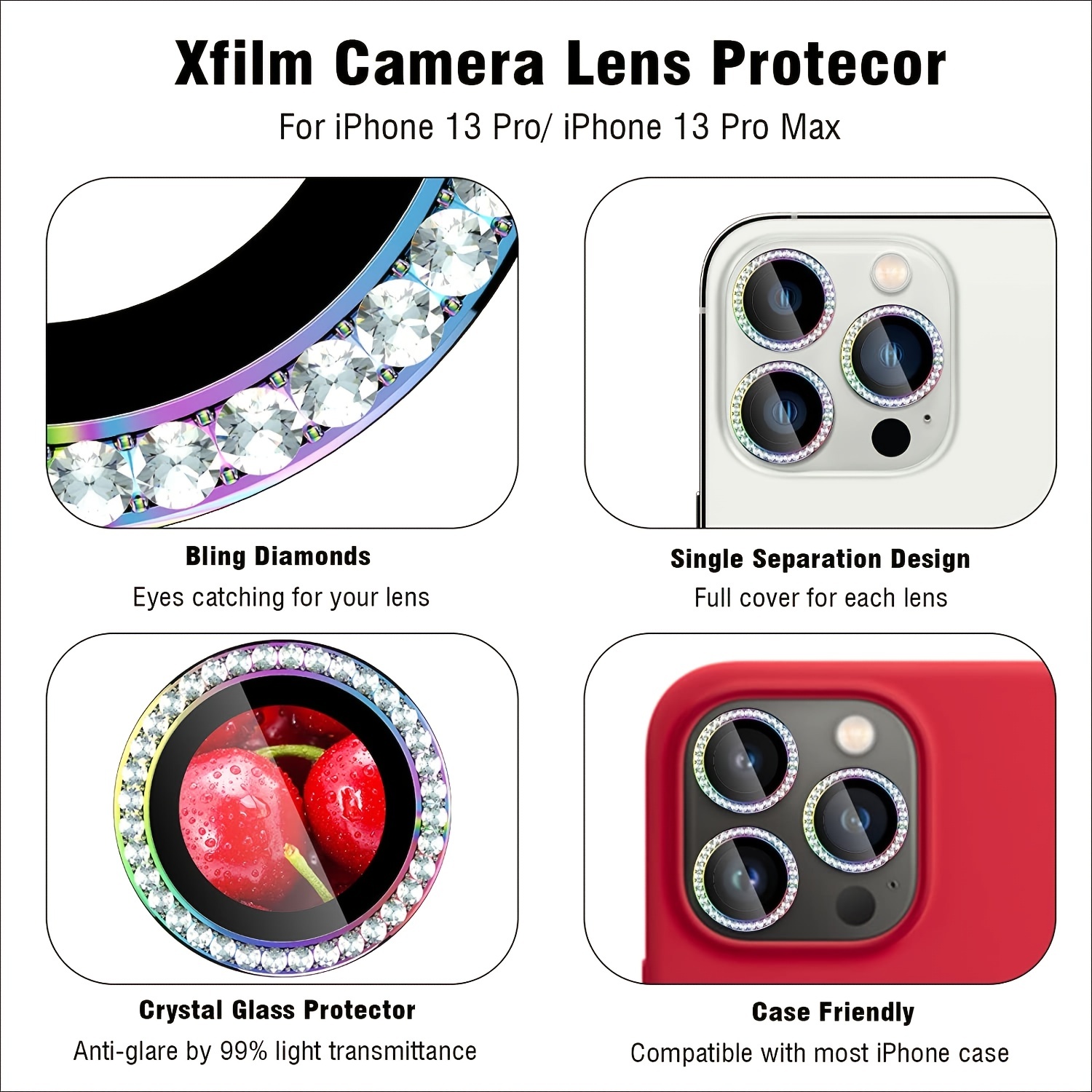 CloudValley Camera Lens Protector for iPhone 13 Pro - iPhone 13 Pro Max, 9H  Tempered Glass Film, Aluminum Alloy Lens Protective Cover, Bling