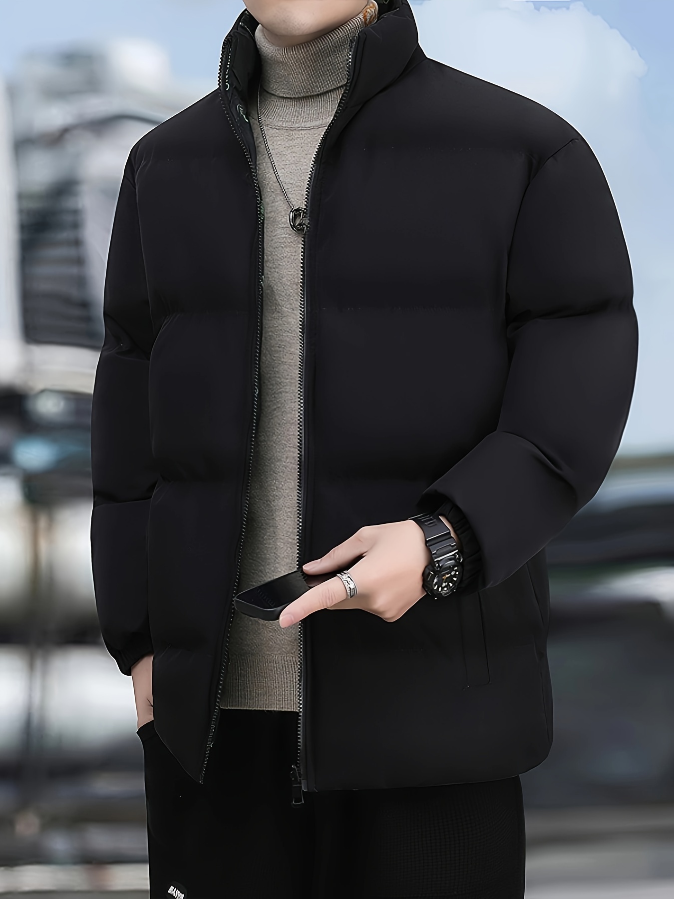 mens casual reversible padded jacket for fall winter black 3