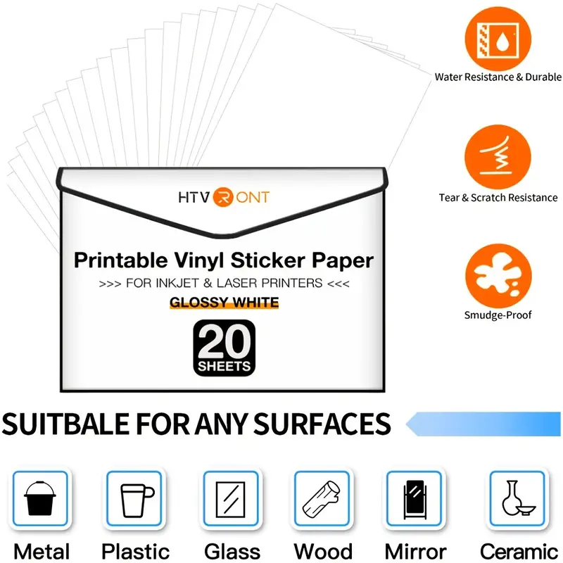 Printable Vinyl Sticker Paper for Inkjet Printer - 8.5x11 20 Sheets - Glossy