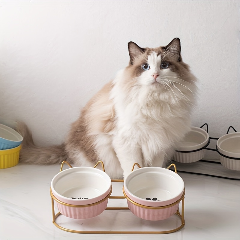 

1 Set Non-slip Ceramic Cat Food And Water Bowls With Iron Bracket, Elevated Tilted Cat Feeder Bowls Promotes For Healthy Eating And Reduces Neck Strain