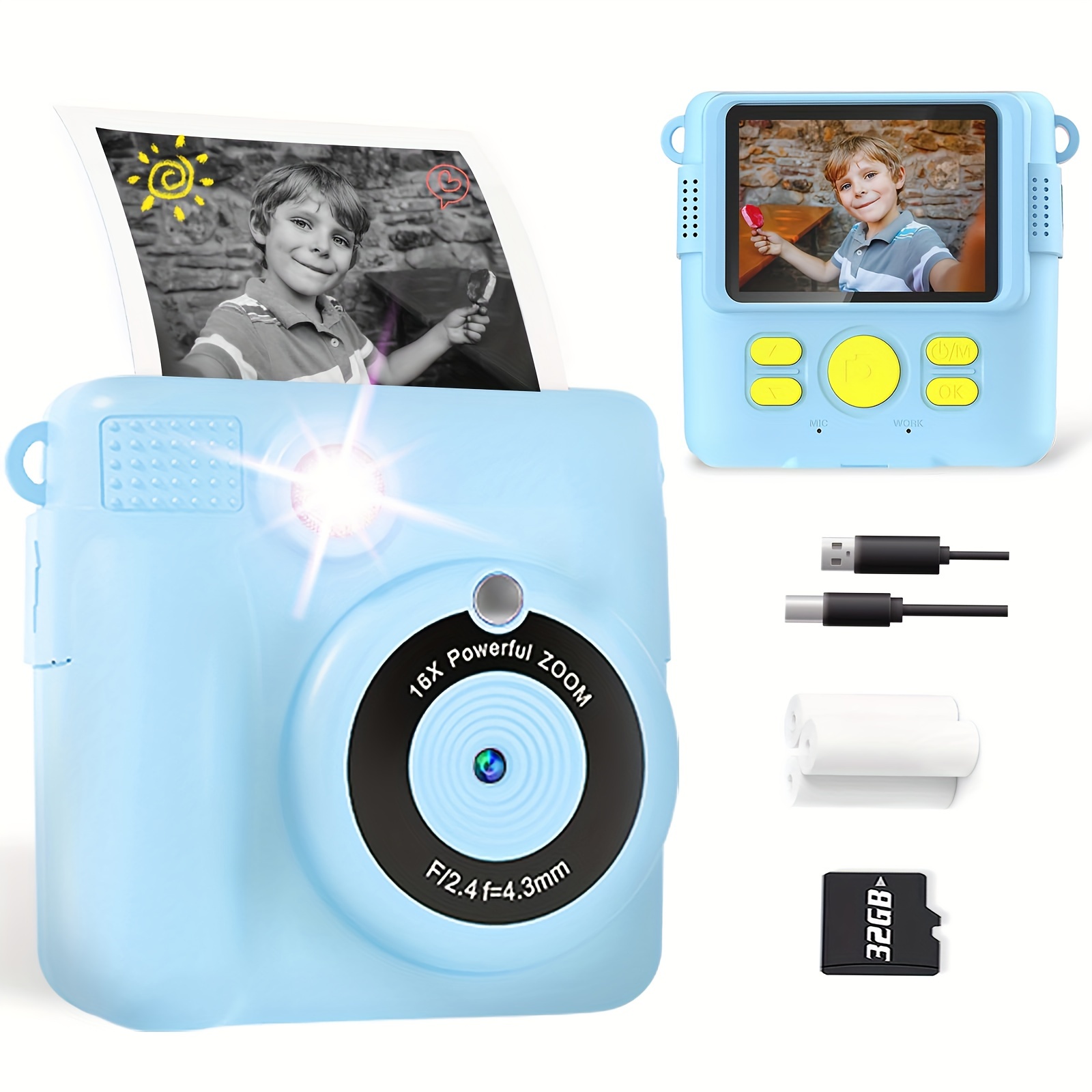 Cámara para niños, cámara de impresión instantánea con tarjeta de memoria  de 32 GB, cámara de video selfie para niños, papel de impresión, juego de