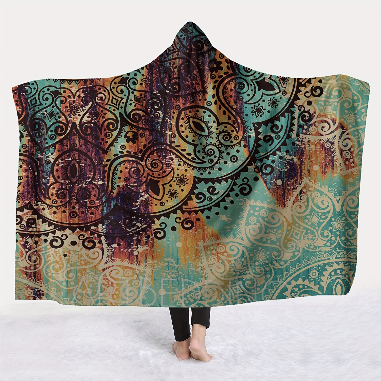 TEMU 1pc Boho Geometry Hooded Blanket Thick Nap Wearable Blanket Magic Blanket Hooded Cape Cozy Warm Soft Blanket For Sofa Office Bed And Travelling