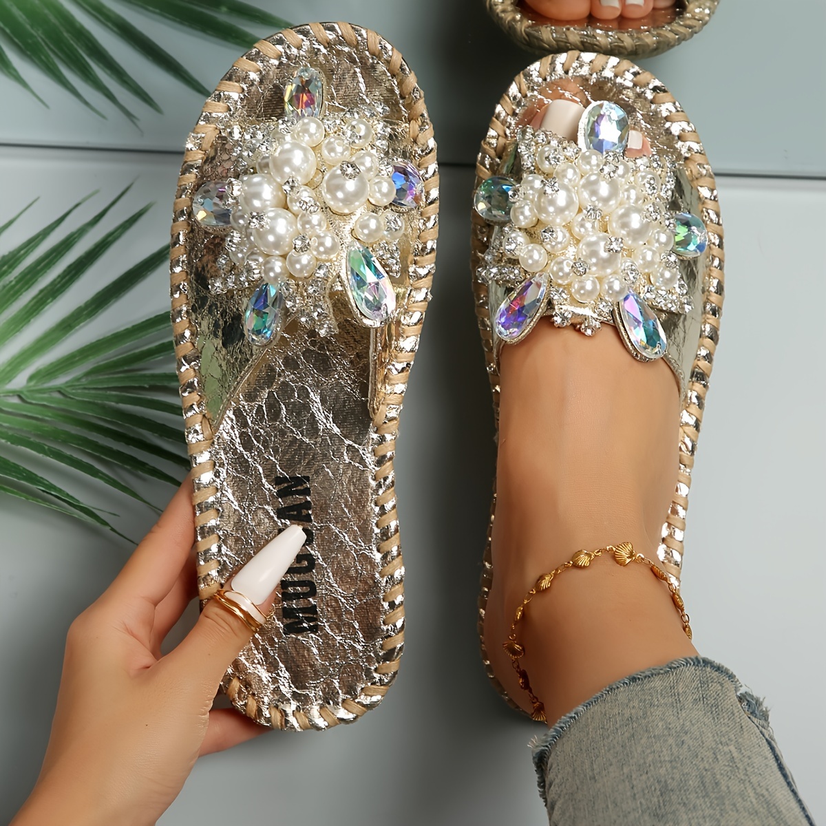 

Women's Faux Pearl Decor Slide Sandals, Casual Open Toe Summer Shoes, Lightweight Slide Sandals