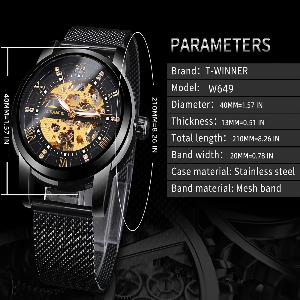 1pc Mens Watch Business Rhinestone Mesh Strap Hollow Mechanical