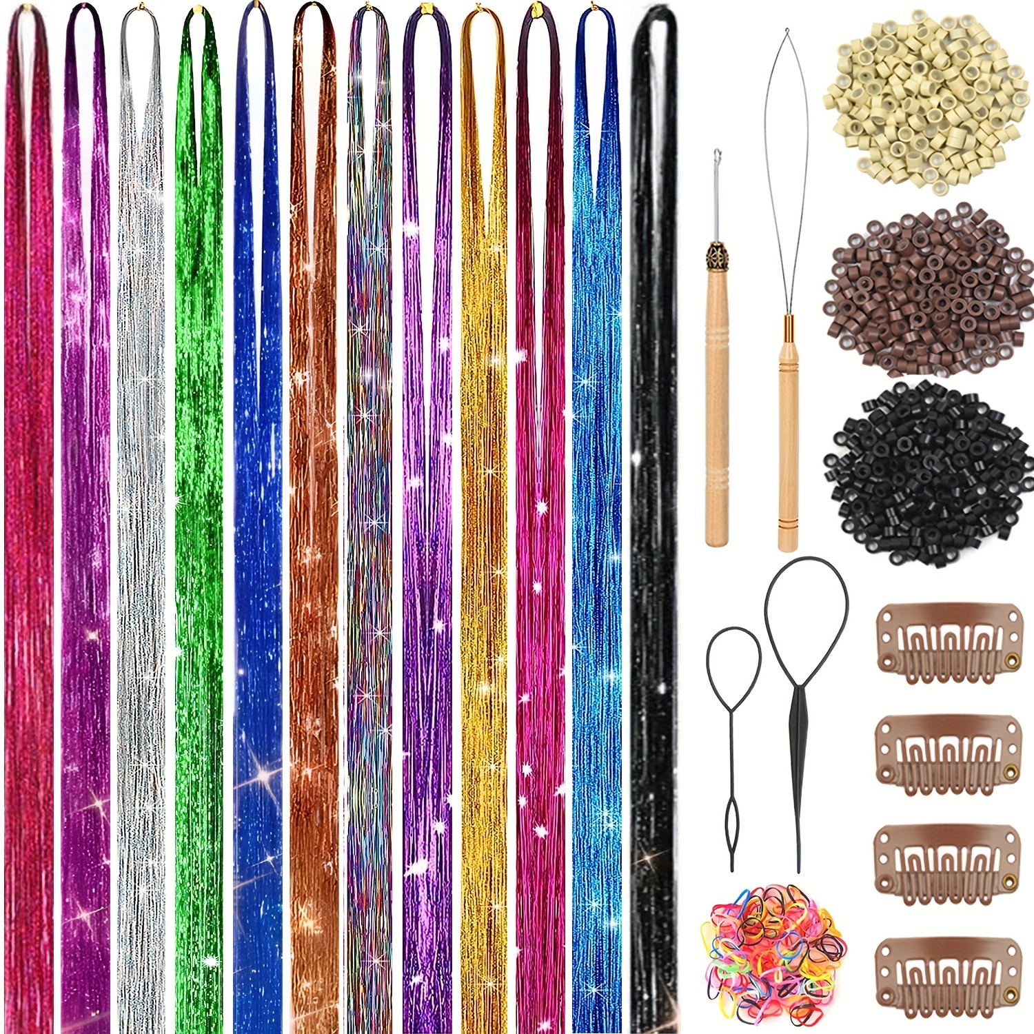 Hair Tinsel Kit 48 Inches Tinsel Hair Extensions with Tools 3200 Strands 12  Colors Fairy Hair Feathers Extensions Kit Tinsel Heat Resistant Hair Gems