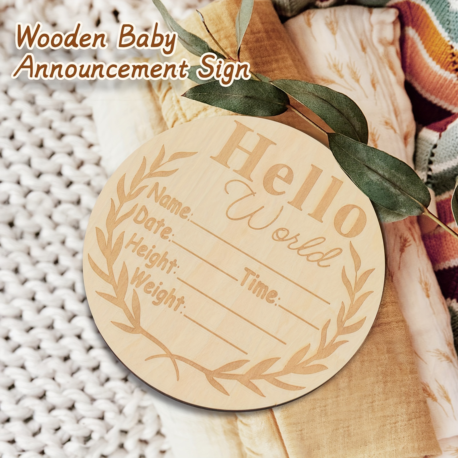 Baby Announcement Sign, 5.9 Inch Hello World Newborn Sign Round Wooden  Milestone Baby Nursery Name Birth Signs