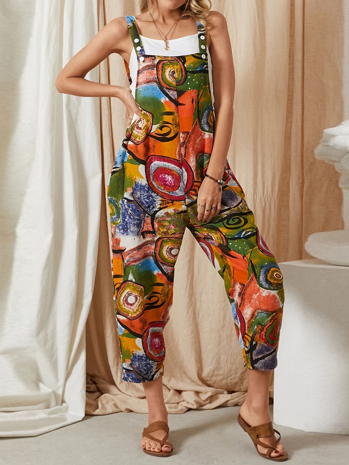 abstract print overall jumpsuit casual button overall jumpsuit for spring summer womens clothing