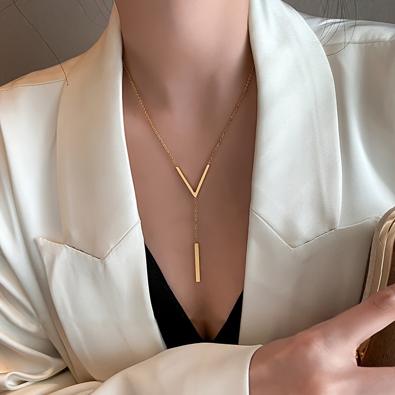 

Pendant, Elegant Stainless Steel V-shaped Tassel Pendant Necklace - Versatile Long Sweater Chain For Women, Perfect Gift