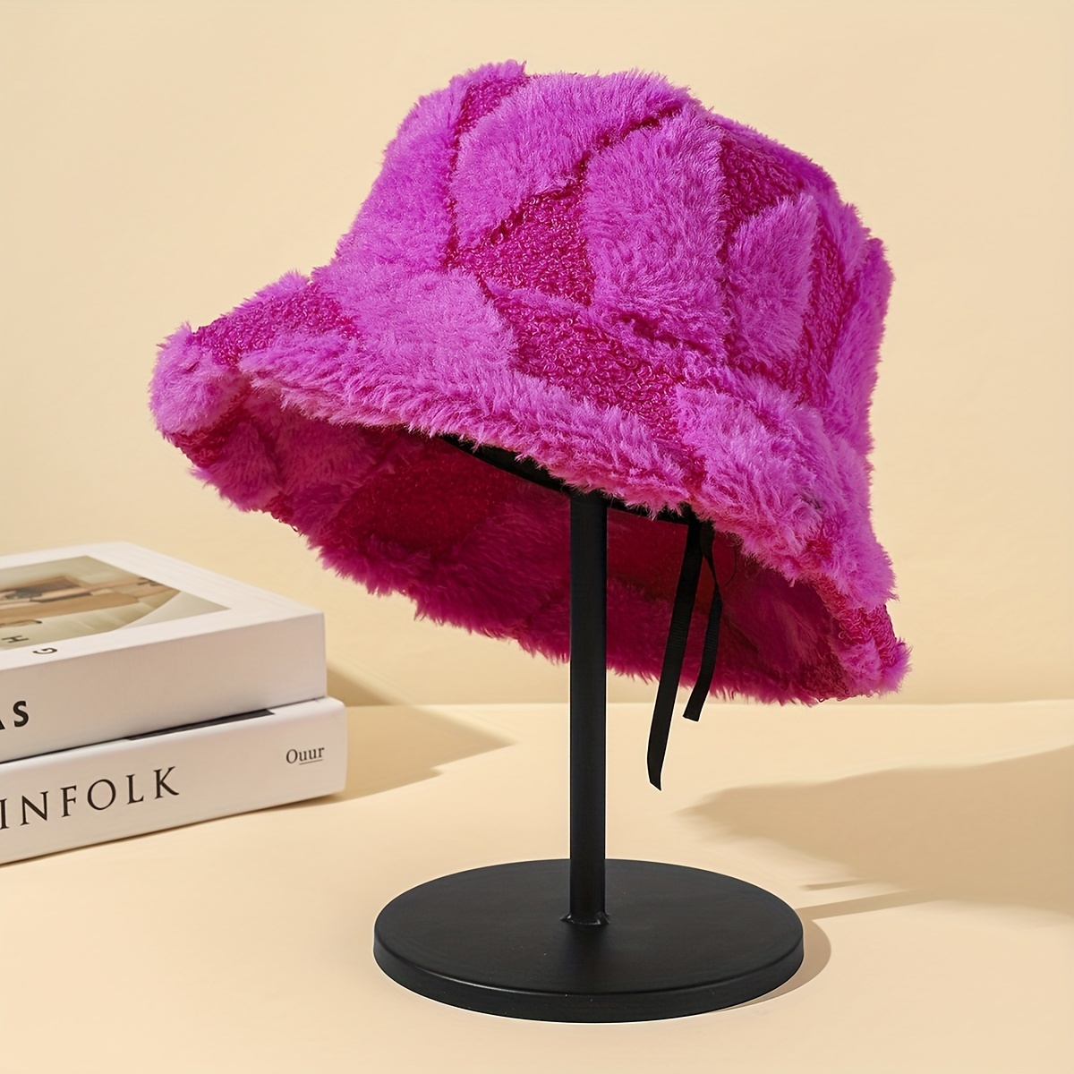 Checkered Embossed Fuzzy Bucket Hats Women Color Block Thick - Temu