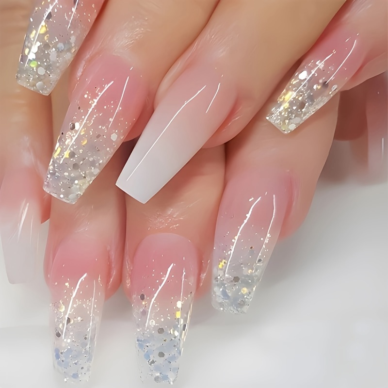 Glossy Glitter Medium Long Press On Nails Almond Shaped - Temu