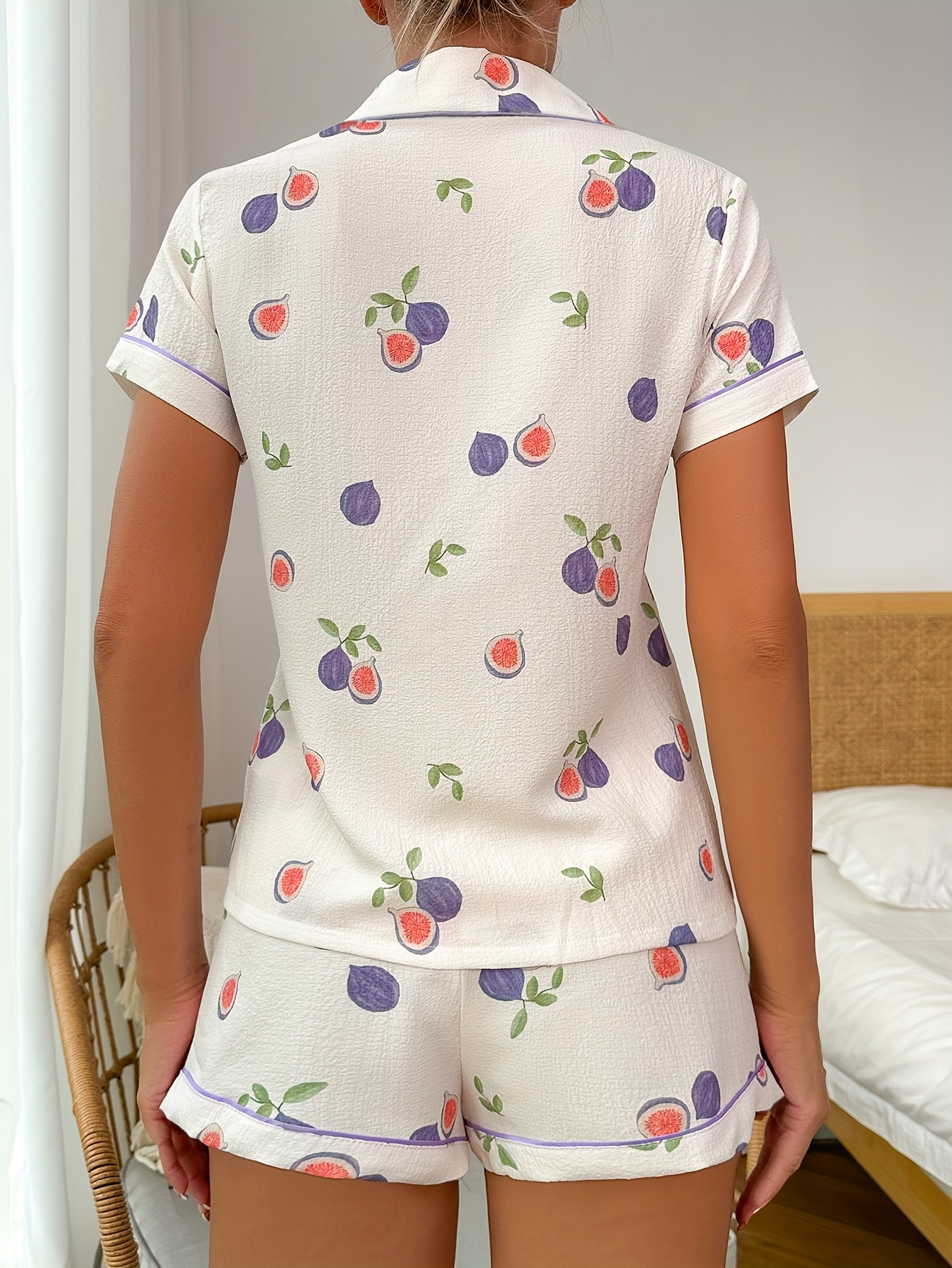 Sleeve Buttons Set Print Top Fig Shorts - Temu Short Pajamas