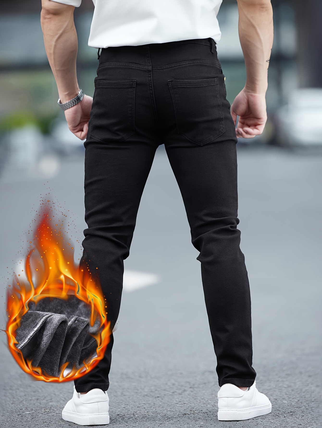 men's fit jeans thick fleece lined warm denim pants Temu Saudi