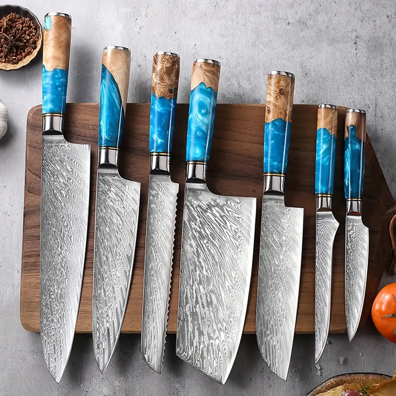 Damascus Knife Steel Kitchen Knife With Blue Resin Handle - Temu