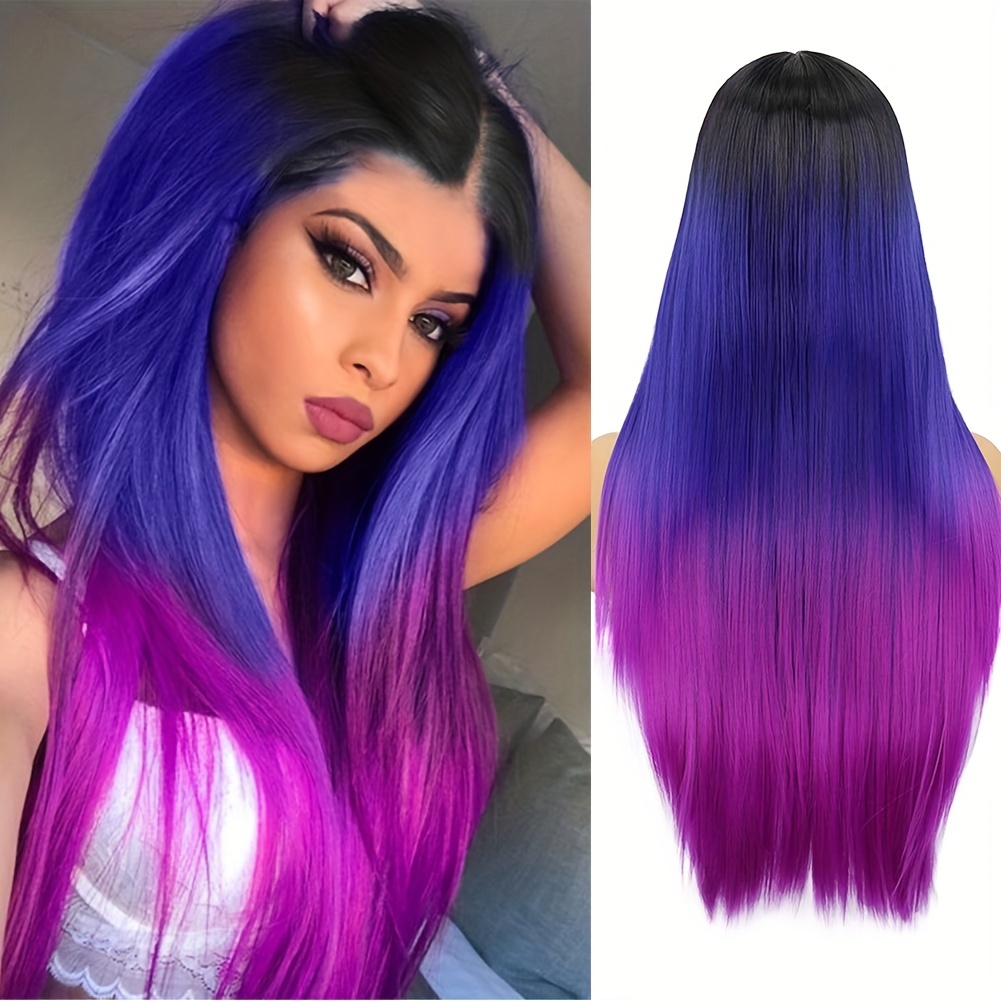 Ombre Rainbow Black Blue Purple Long Straight Synthetic Wig - Beauty &  Health - Temu
