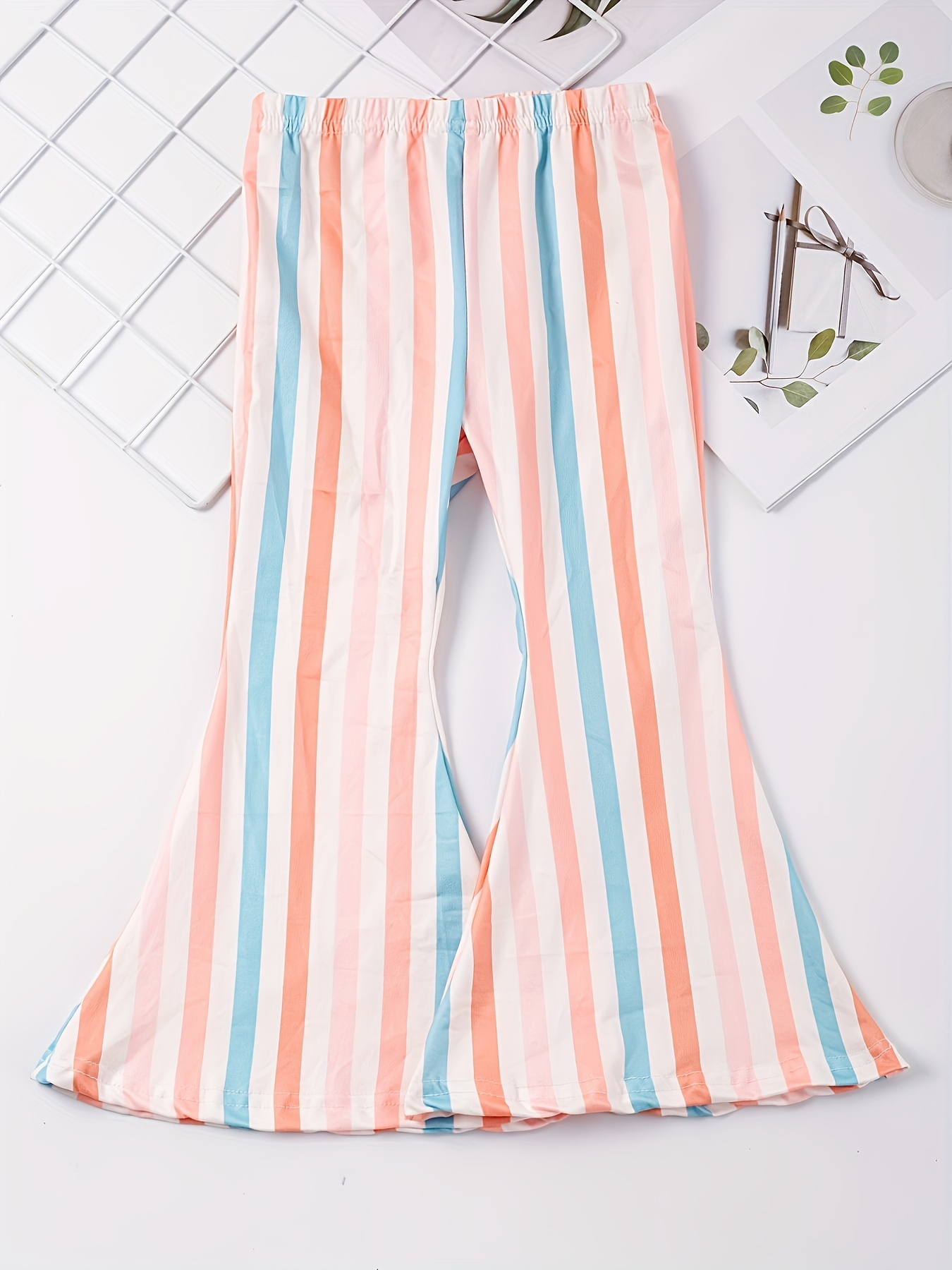 Vintage Girls' Flora Flare Pants Flower & Color Stripe Pattern, Trendy &  Comfy For Spring/ Summer/ Autumn, Party