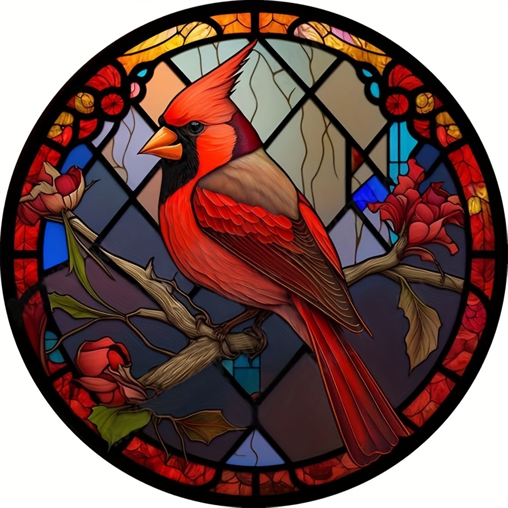 Round Diamond Painting Stained Glass Cardinal Picture 5d Diy - Temu