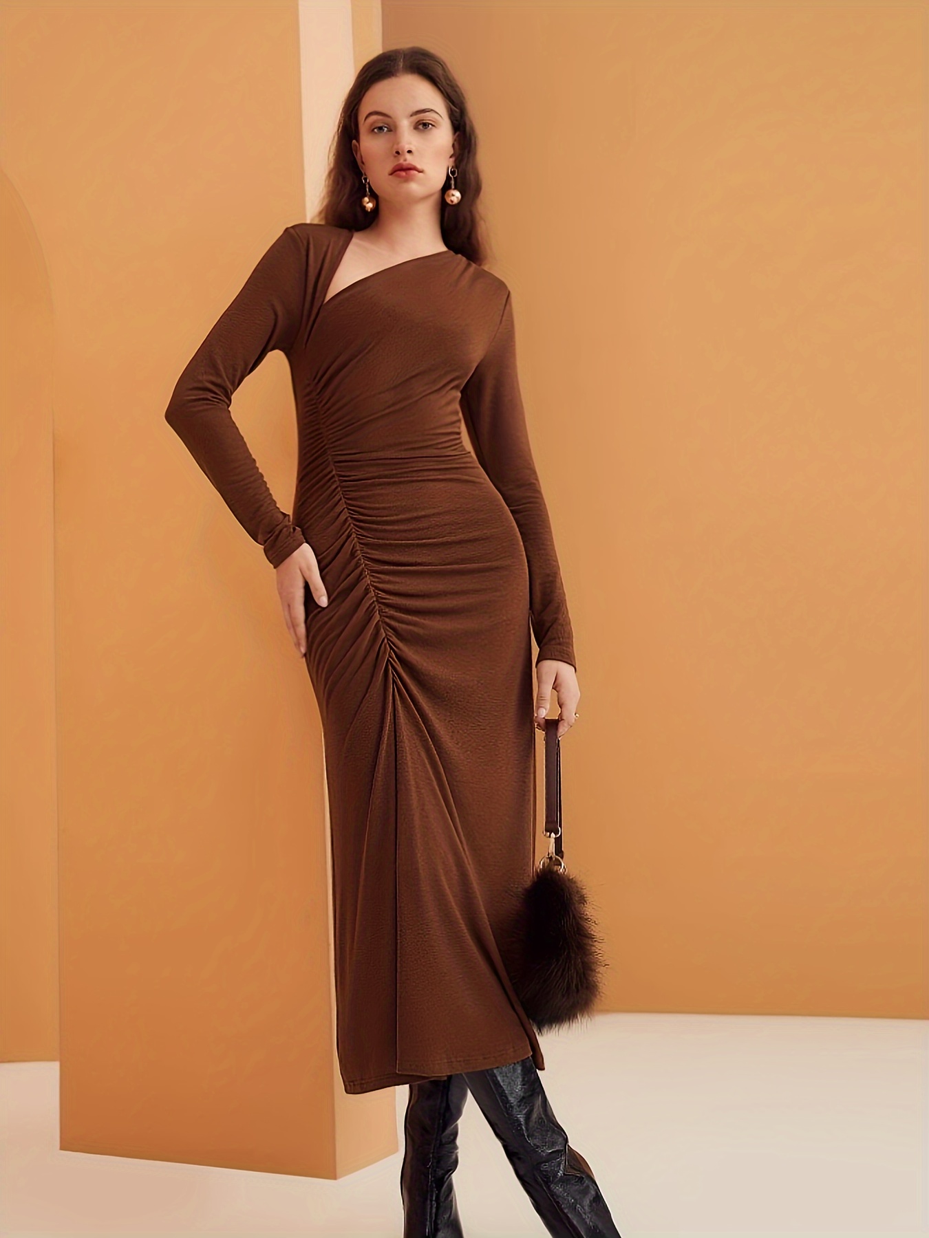 Solid High Neck Split Dress, Elegant Long Sleeve Maxi Dress, Women's  Clothing