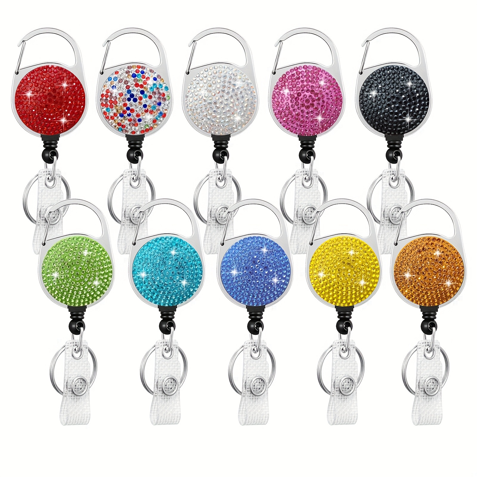 Alloy Retractable Name Badge Reel Sparkle Bling Rhinestone ID Badge Reel with Key Ring for Women, Cute Name Badges for Nurse Teacher Employees with