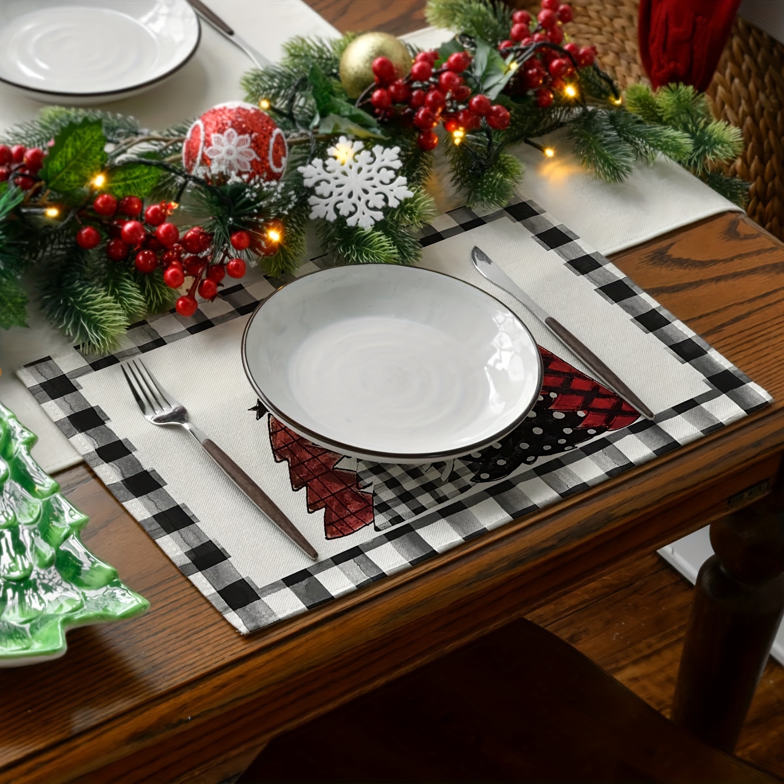 4pcs, Linen Blend Placemats, Buffalo Plaid Christmas Trees Placemats Set,  Winter Theme Seasonal Table Mats For Outdoor, Home Party Kitchen Dining Deco