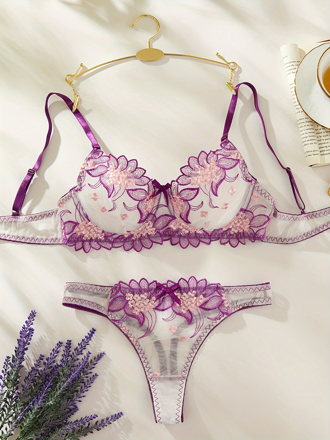 Floral Embroidery Lingerie Set Mesh Stitching Unlined Bra - Temu