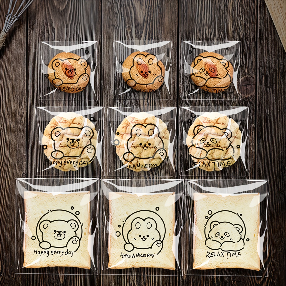 

100 Pcs Transparent Self-adhesive Packaging Bags, Cute Cartoon Bear Pattern, Bean Paste Baking Sliced Toast Whole Wheat Bag, Biscuit Self-sealing Bag, Food Packaging Bag, Packaging Ba