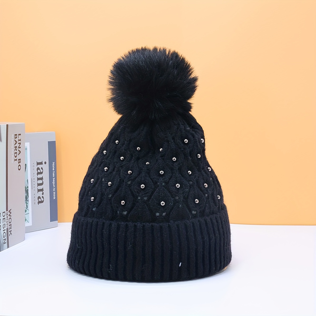 Contrast Color Knitted Head Hat Soft Stretchy Beanie Pom Pom - Temu