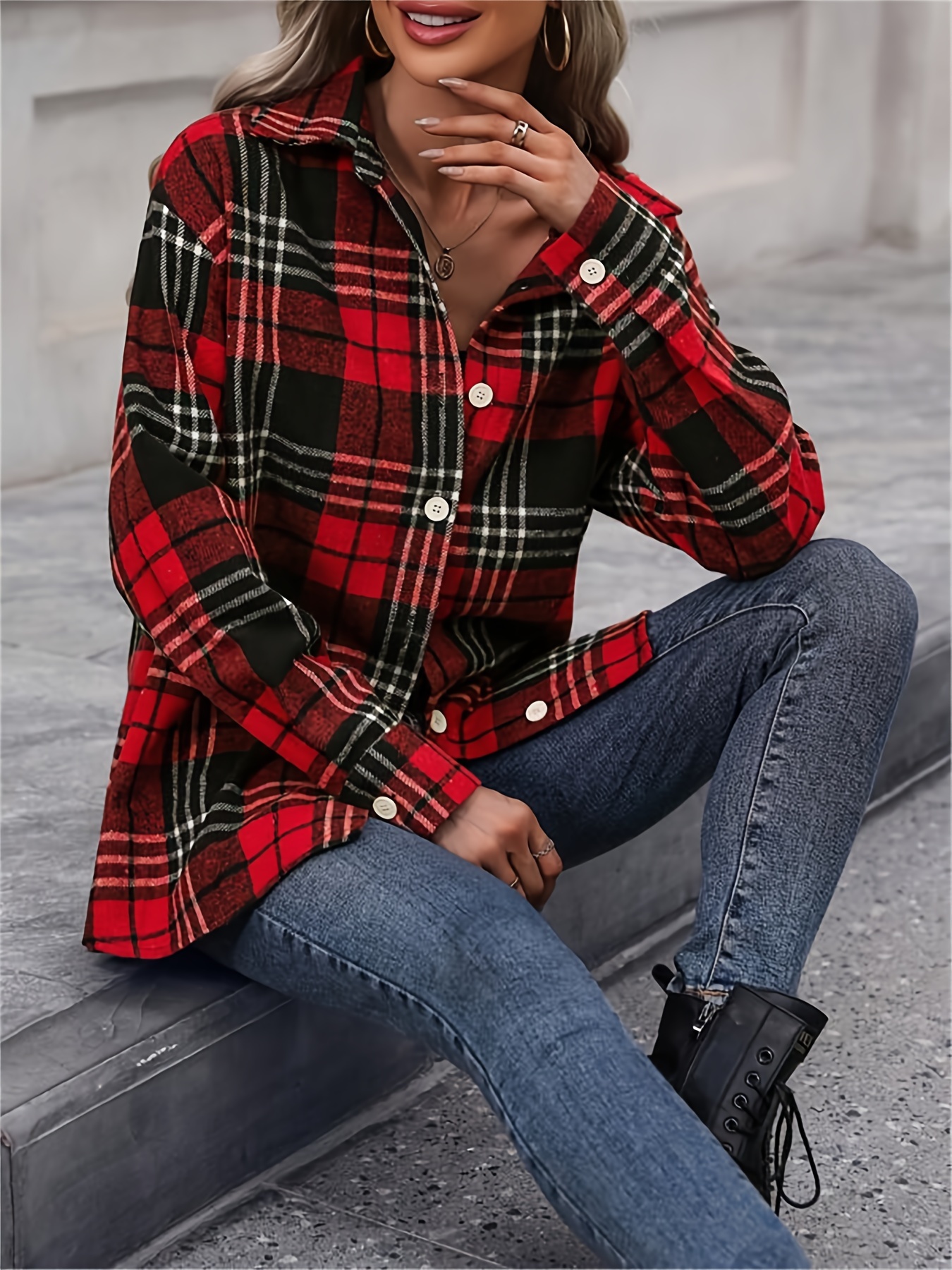 Women's Oversized Check Shirt Jacket Collar Button-Front Collar  Chest Pocket, Spring/Fall Casual Semi-Formal Wear, Mach