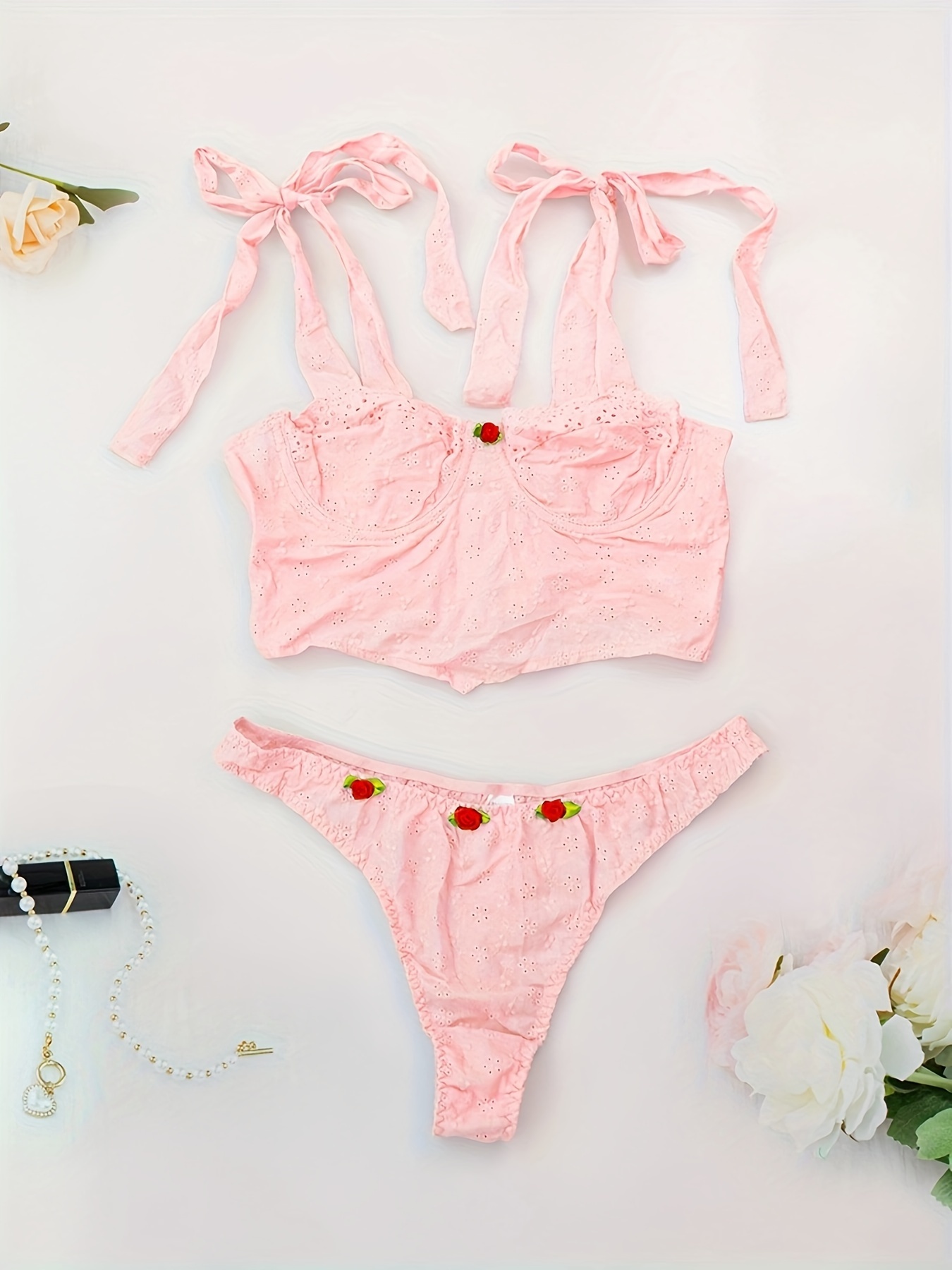Floral Print Bra & Panties, Push Up Cami Bra & Thong Panties Lingerie Set,  Women's Lingerie & Underwear