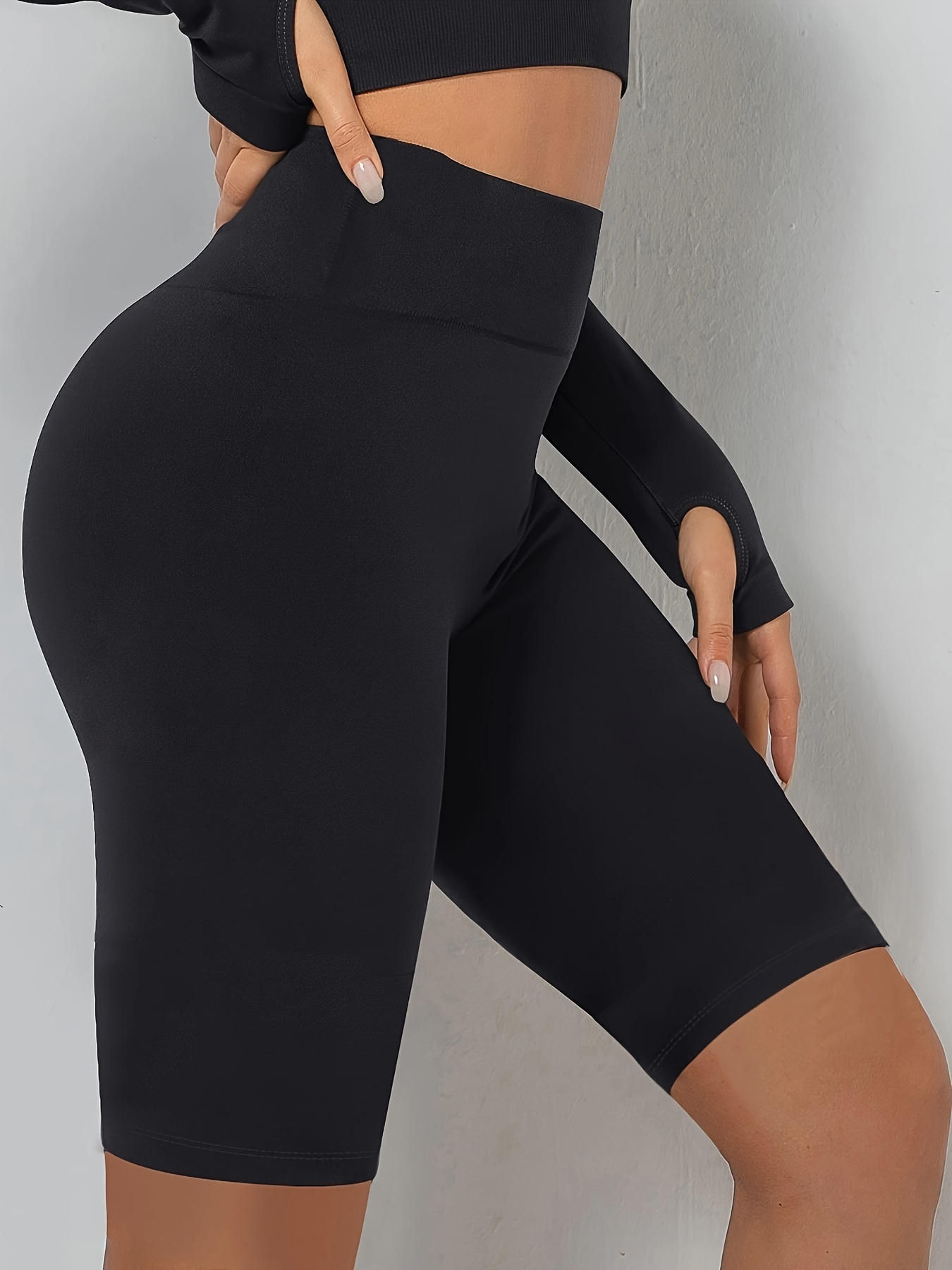 Fashion Solid Black Yoga Shorts Stretchy High Waist Scrunch - Temu