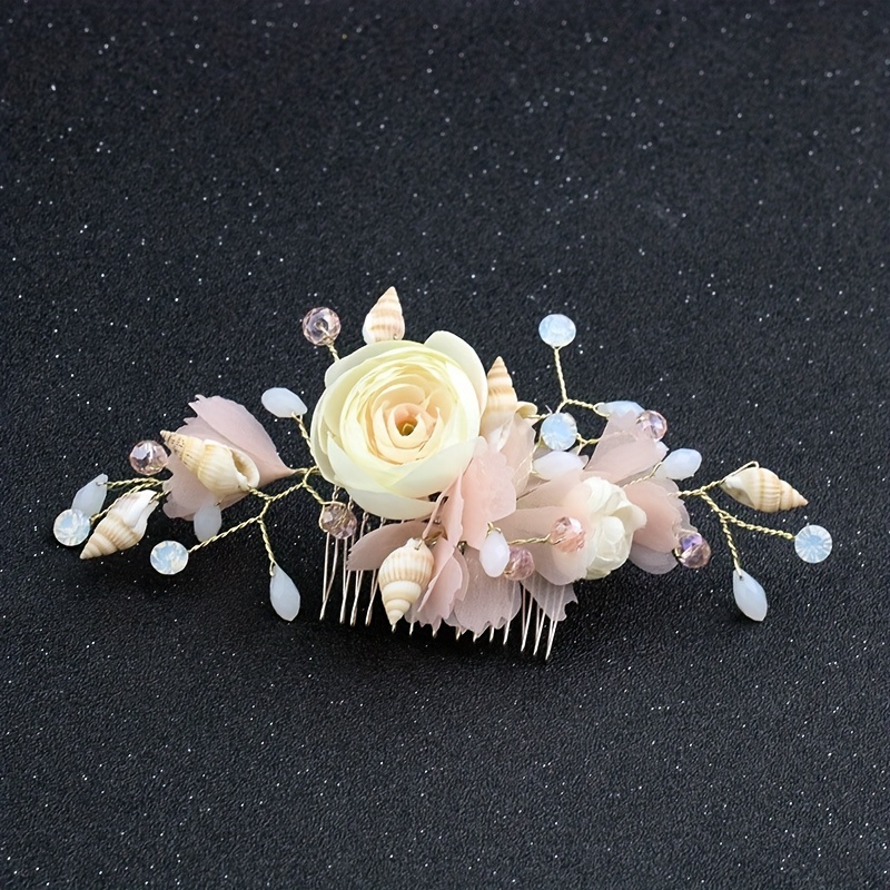 Pink Silk Flower & Shell Hair Comb, Bridal Jewelry