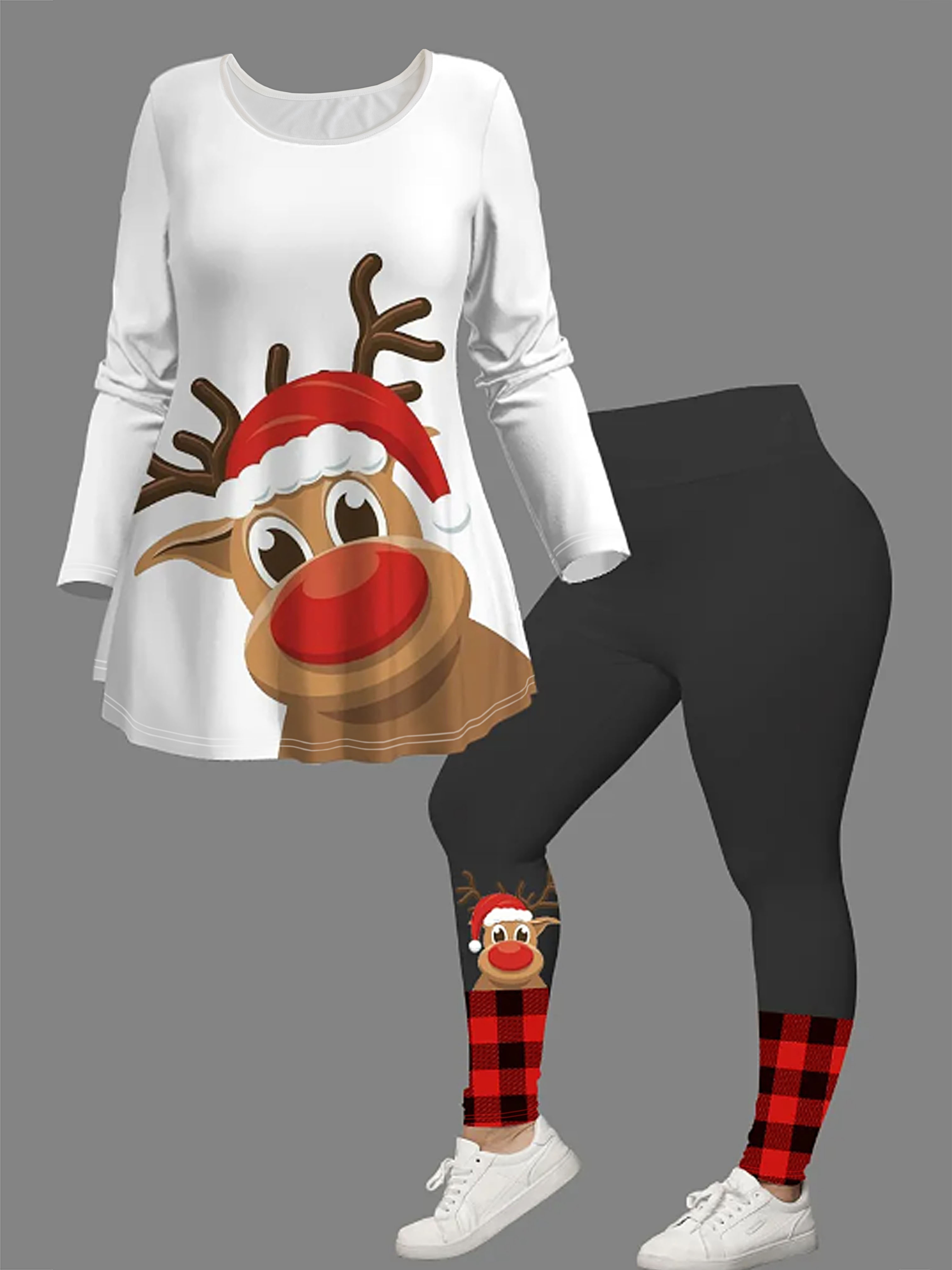 Plus Size Christmas Casual Outfits Set Women's Plus Deer - Temu