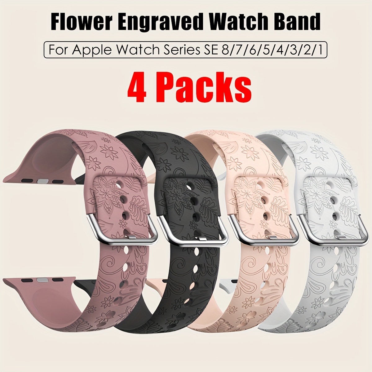  4 Pack Floral Engraved Bands Compatible with Apple Watch Band  40mm 38mm 41mm 42mm 44mm 45mm 49mm Women, Soft Silicone Cute Wildflowers  Sport Laser Strap for iWatch Series 9 8 7