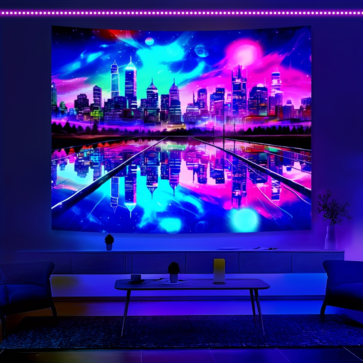 Room with led discount lights and tapestry