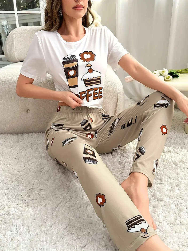 Cartoon Cake & Drink Print Pajama Set, Cute & Comfy Short Sleeve Top & Cozy  Long Pants, Women's Loungewear & Sleepwear