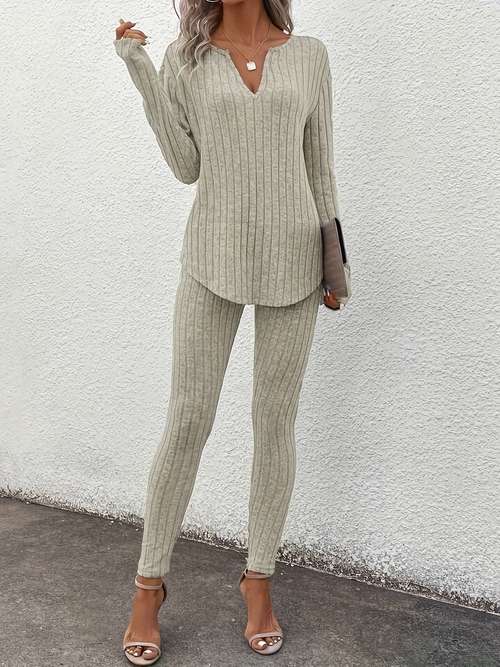ribbed solid two piece set notched neck long sleeve top slim pants outfits womens clothing