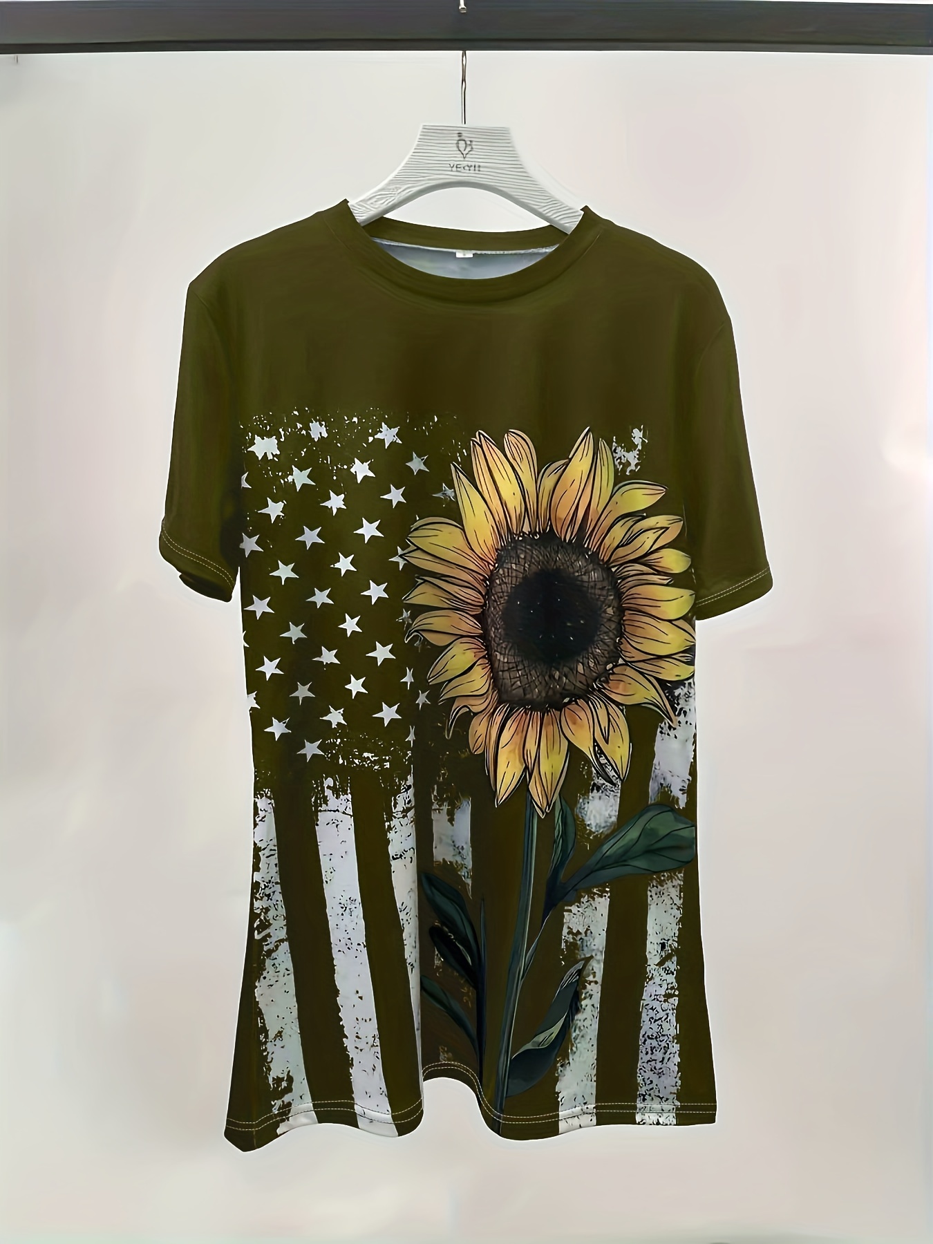 Entyinea Womens Tops Dressy Casual Crew Neck Short Sleeve Sunflower Printed  T-Shirts Yellow M 