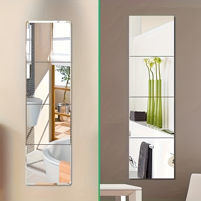 

4pcs Acrylic Square Mirror Full Length Mirror Wall Decor Stickers Tiles Self Adhesive Decorations For Bedroom Living Dining Dorm Room Kitchen Bathroom Apartment Office Aesthetic