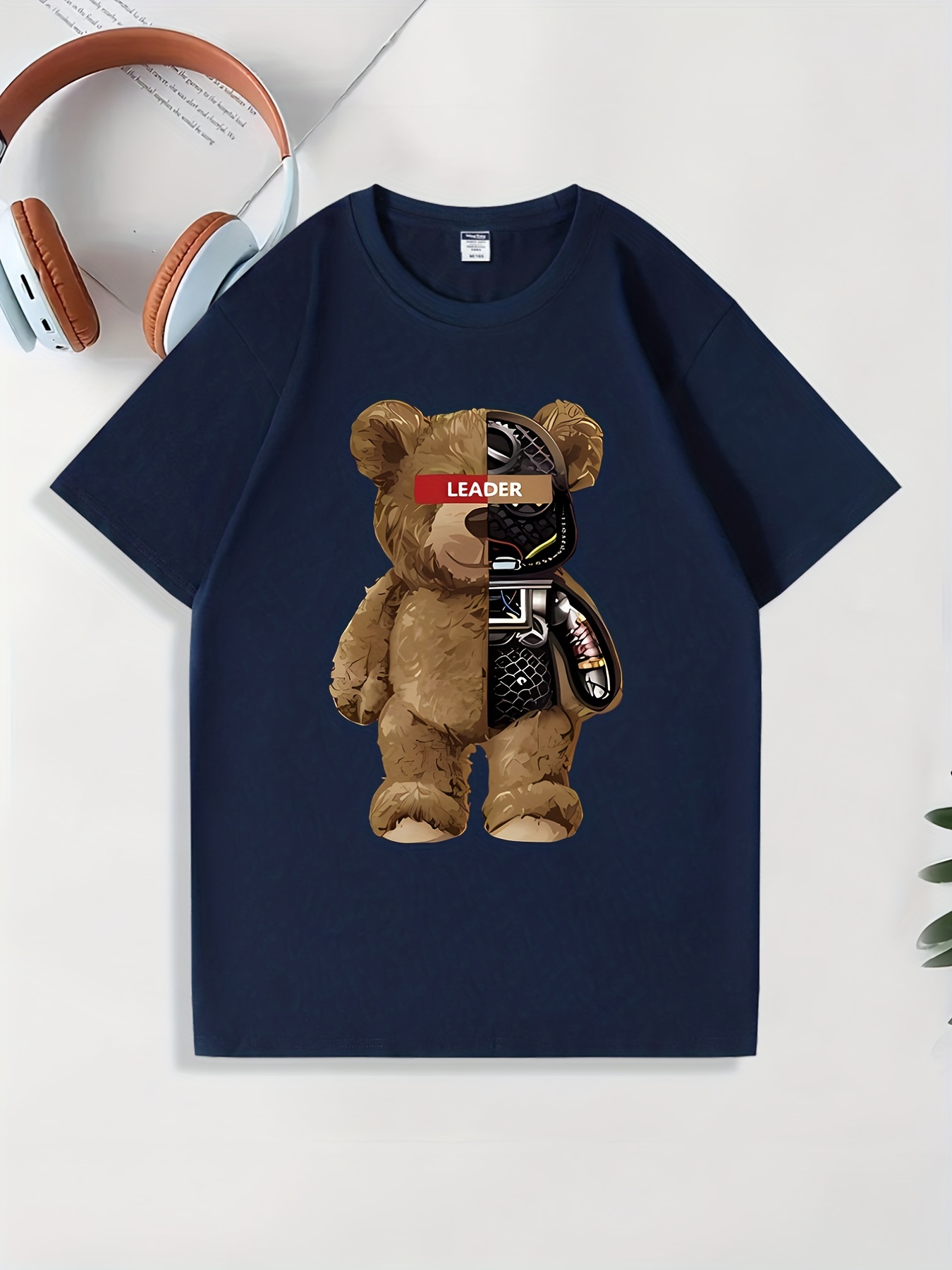 Men's Robot Bear Print T-shirt, Trendy Graphic Tee For Summer - Temu