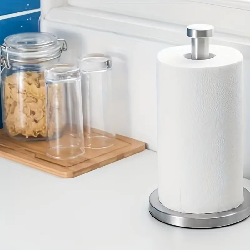 SMARTAKE Paper Towel Holder, Paper Towel Dispenser Standing Weighted Base  Non-Slip, Spring Arm Fit Most Size Paper Roll, Stainless Steel Paper Towel